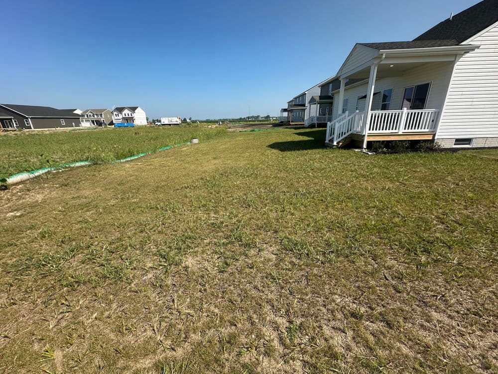 Newly developed residential area with homes, green lawn, and clear blue sky.