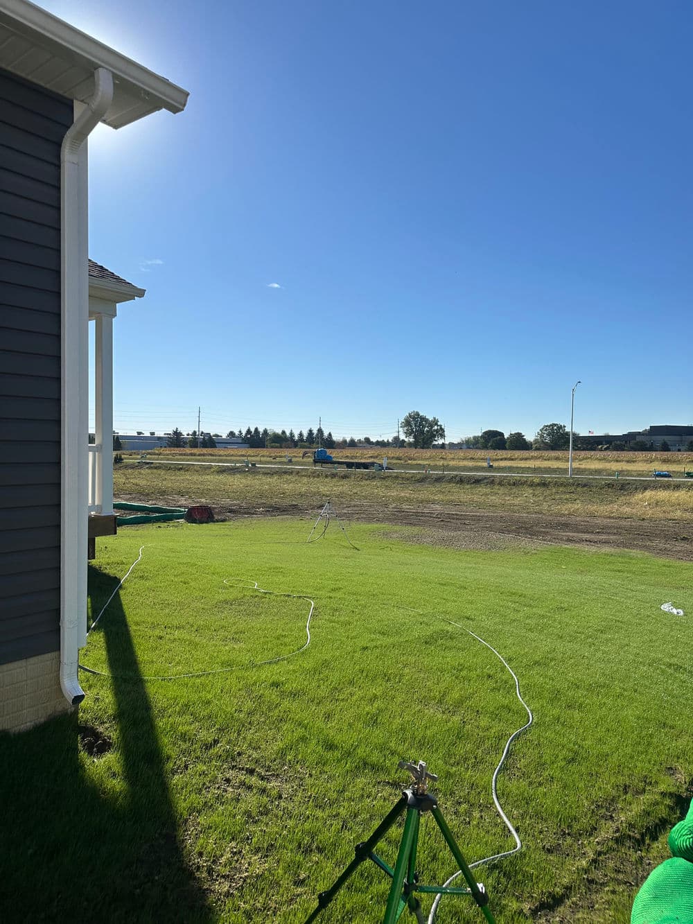 View of a sunny backyard with green grass, sprinklers, and a clear blue sky.
